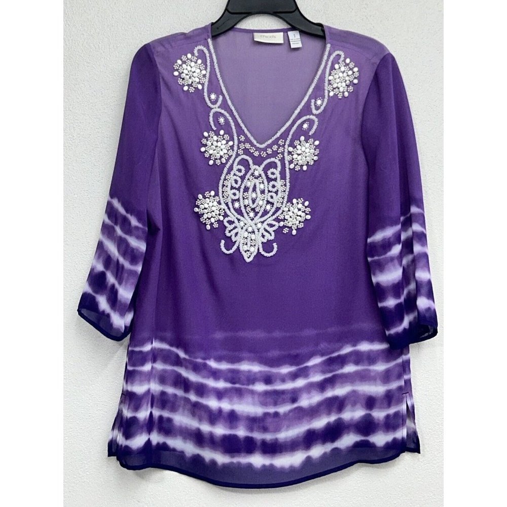 Chico’s Blouse Size 1 Medium Purple Tie Dye Pearl Beaded Embellished V Neck